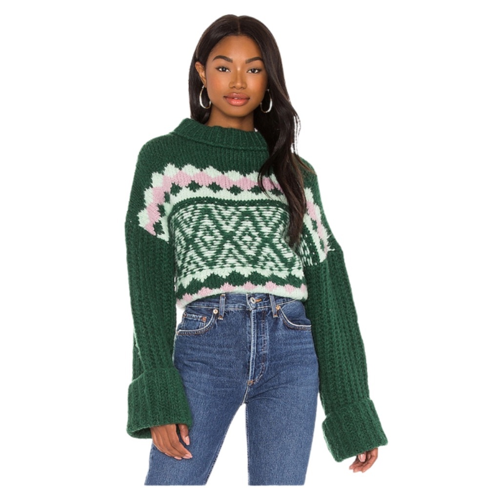 Free People Green and White Cowl Neck Sweater